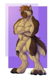 anthro balls big_balls big_penis black_penis bodily_fluids brown_body brown_fur brown_hair canid canine canis crossed_arms domestic_dog dripping front_view full-length_portrait fur genital_fluids genitals german_shepherd hair herding_dog looking_aside male male_anthro mammal mouth_closed muscular muscular_anthro muscular_male nude orange_eyes overweight overweight_anthro overweight_male pastoral_dog penis portrait precum precum_drip reirun signature simple_background solaxe_(artist) solo standing tan_balls tan_body tan_fur tan_penis