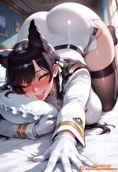 1girl ai_generated all_fours animal_ears artist_name ass atago_(azur_lane) azur_lane black_hair black_thighhighs blush breasts extra_ears gloves hair_ribbon indoors large_breasts long_hair long_sleeves looking_at_viewer military military_uniform miniskirt mole mole_under_eye on_bed one_eye_closed patreon patreon_username pencil_skirt pillow ribbon skirt smile solo swept_bangs tagme_(artist) thighhighs thighs tongue tongue_out top-down_bottom-up uniform white_gloves white_ribbon yellow_eyes