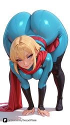 1girl ai_generated all_fours artist_name ass bent_over blonde_hair blue_bodysuit blue_eyes bodysuit boots breasts cape dc dc_comics full_body kara_zor-el karen_starr lips looking_at_viewer medium_breasts patreon power_girl red_cape senpai_pixels sensitive short_hair simple_background skin_tight smile solo supergirl superhero superman_(series) white_background