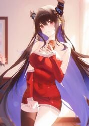 1girl asymmetrical_horns bare_shoulders black_hair black_horns black_panties blue_hair breasts cellphone cleavage demon_horns dress hat hi_res holding_phone hololive hololive_english horns indoors jiang_ye_kiri large_breasts long_hair looking_at_viewer mole mole_under_eye navel_visible_through_clothes nerissa_ravencroft purple_eyes red_hat santa_costume selfie solo standing strapless strapless_dress thighhigh thighhighs tube_dress uneven_horns virtual vtuber youtuber