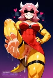 1boy 2d 5_toes after_anal ai_assisted ai_generated anus barefoot black_choker breasts choker claws cleavage clothed clothing covered_navel cum cum_in_ass cum_inside cum_on_body cum_on_feet cumdrip dress fangs feet female female_focus foot_fetish foot_focus foreshortening from_below hand_on_own_hip heart long_hair looking_at_viewer looking_down_at_viewer male medium_breasts no_panties no_underwear pussy red_dress roy_koopa smile soles solo solo_focus standing standing_on_one_leg sweat tail thigh_strap toe_claws toes yellow_skin