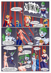 3girls athena_haruka big_breasts blonde blonde_female blonde_hair cage caged comic crossover duela_dent eighth_wonder elissa_megan_powers embarrassed embarrassed_nude_female empowered empowered_(series) enf english_dialogue english_text green_eyes green_hair humor large_breasts lipstick new-ereon red_lipstick speech_bubble stolen_clothes uchi_no_musume_ni_te_o_dasu_na!