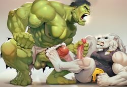 2boys ai_generated anthro bara barefoot battle_beast feline footjob furry gay green_skin handjob hulk invincible large_penis male/male male_only marvel masturbation muscles muscular muscular_male mutual_masturbation on_back penis white_fur white_hair yaoi