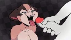 1boy 1girls animated anthro beat_banger blue_eyes breasts bunfan_games checkered_background cum cum_on_face cum_on_tongue cumshot facial female furry gale_shinpen komdog komponi male naked official_animation official_art on_knees penis sharp_teeth tagme tongue tongue_out white_fur