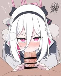 1boy 1girls arararajru36 blowjob blue_archive blush fellatio female halo kei_(blue_archive) looking_at_viewer male millennium_science_school_student oral penis red_eyes white_hair