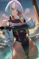 1girl ai_generated bangs bare_shoulders black_swimsuit blush breasts cyberpunk:_edgerunners hi_res high_quality high_resolution highleg highleg_leotard jacket large_breasts leotard looking_at_viewer lucyna_kushinada patreon seductive sexy short_hair smile solo thighs uncensored wading water watermark