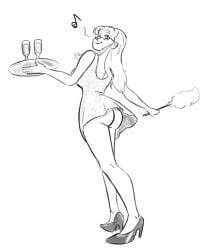ass aurora_(jabberwocky) bare_legs bottomless clothed dress feather_duster female_only femsub glasses greyscale high_heels long_hair monochrome original psi short_skirt simple_background sketch smile solo standing stepfordization tray upskirt white_background