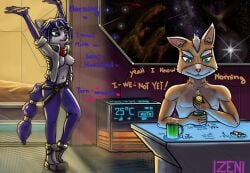 2026 anthro belt belt_only beverage blue_body blue_fur blue_hair boots boots_only bottomless breasts butter canid canine canis canon_couple casual_exposure closed_toe_footwear closed_toe_shoes clothed clothing coffee coffee_mug cute_fangs dairy_products digital_media_(artwork) duo english_text exposed exposed_belly exposed_breasts fangs female food footwear footwear_only fox fox_mccloud fur genitals hair heart_symbol hi_res husband_and_wife jacket jacket_only krystal_(star_fox) male male/female mammal married_couple mostly_nude navel nintendo nipple_slip nipples nude one_breast_out open_clothing open_jacket open_topwear partially_clothed romantic romantic_couple seductive shoes solo_focus star_fox tail teeth text topwear topwear_only vulva white_body zeni_zeniz