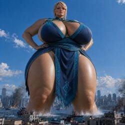 ai_generated big_breasts blonde_hair cityscape giantess hands_on_hips huge_thighs light-skinned_female loincloth samus_aran