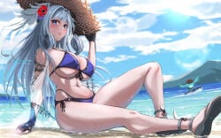 1girls alternate_costume beach bikini blue_eyes blush breasts busty colored curvy curvy_figure fingerless_gloves flower flower_in_hair gloves hat large_breasts long_legs melia_antiqua mercury_xeno monolith_soft navel nintendo nipple_bulge ocean riku_(xenoblade) sandals silver_hair sky sunhat surfboard surfing swimsuit tagme thick_thighs thighs water wings wings_on_head xenoblade_(series) xenoblade_chronicles_3