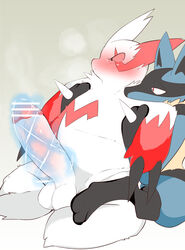 ..._(artist) absurd_res anthro balls big_penis blue_body blue_fur blush bodily_fluids duo erection fur genital_fluids genitals hi_res huge_cock humanoid_genitalia humanoid_penis lucario male male/male nintendo penis pokemon pokemon_(species) psychic_stimulation video_games white_body white_fur zangoose