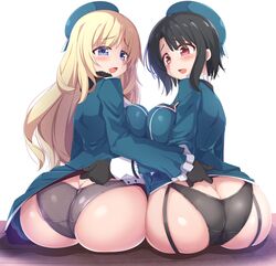 2girls ass ass_cleavage assisted_exposure atago_(kantai_collection) black_hair black_panties blonde_hair blue_eyes blush breast_press breasts butt_crack female female_only garter_straps grey_panties hat kantai_collection kurokoshou_(emuburemu123) looking_back panties red_eyes sitting skirt skirt_lift takao_(kantai_collection) uniform