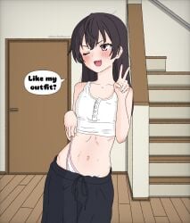 1girl belly blush blushing dialogue female female_focus open_mouth outfit panties purple_eyes purple_hair roshidere suou_yuki teasing teasing_viewer twink ubau