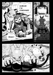 anthro bandai_namco box_of_chocolates candy chocolate comic dessert dialogue digimon digimon_(species) duo english_text female female_on_top flower food hand_holding hi_res impmon larger_female male male/female monochrome ni-ke on_top plant plushie renamon sex size_difference smaller_male tail text