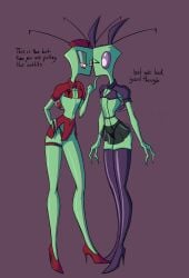 2021 2_fingers absurd_res alien alien_humanoid almighty_tallest_purple almighty_tallest_red antennae_(anatomy) blank_stare boots bottomwear bra clothed clothing crop_top crossdressing digital_drawing_(artwork) digital_media_(artwork) duo english_text fake_ears fake_rabbit_ears femboy finger_on_chin fingers footwear glistening_eyelids green_body green_skin halloween hand_on_hip hat headgear headwear hi_res high_heeled_boots high_heels holidays humanoid invader_zim irken legwear lewdofdoom long_legs male midriff miniskirt narrowed_eyes nickelodeon one_eye_closed pak panties purple_background purple_clothing purple_eyes red_clothing red_eyes shirt shoes simple_background skimpy skirt slim slim_male small_waist text the_almighty_tallest thigh_boots thigh_highs thong topwear translucent translucent_bottomwear translucent_clothing translucent_skirt underwear