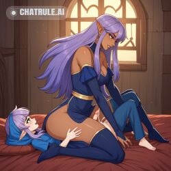 1girl ai_assisted ai_generated beautiful cowgirl_position cum dark_skin elf fandeltales full_body futanari green_eyes little_penis long_hair mother_and_daughter pointy_ears projectile_cum purple_hair sex size_difference small_penis straight_hair