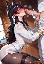 1boy 1girl ai_generated animal_ears artist_name atago_(azur_lane) azur_lane black_hair blush breasts clothes_pull commander_(azur_lane) erection extra_ears from_side gloves hair_ribbon hetero indoors large_breasts lips long_hair military military_uniform miniskirt mole mole_under_eye naval_uniform pants pantyhose patreon patreon_username pencil_skirt penis ribbon saliva sitting skindentation skirt smile solo_focus sweat tagme_(artist) testicles thighband_pantyhose thighs uncensored uniform white_gloves white_ribbon yellow_eyes