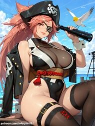 1girl adapted_costume ai_generated alternate_costume arlequin097 baiken bare_shoulders big_hair binoculars bird black_jacket black_leotard blue_sky boat breasts cleavage closed_mouth cloud covered_navel day dock eyepatch facial_tattoo guilty_gear guilty_gear_strive hat highleg highleg_leotard holding jacket jacket_on_shoulders large_breasts leotard lips long_hair looking_at_viewer obi ocean one-eyed outdoors pier pink_hair pirate pirate_hat ponytail red_eyes sash scar scar_across_eye scar_on_face seagull see-through see-through_cleavage see-through_leotard ship sideboob sitting skindentation skull_print sky smile solo tattoo telescope thick_thighs thigh_strap thighhighs thighs watercraft wrist_cuffs