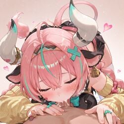 1girl 1girls ai ai-created ai_art ai_assisted ai_generated breasts breasts_out cum_on_penis ejaculation ejaculation_in_mouth genshin_impact hearts hearts_around_head horns huge_boobs huge_breasts huge_tits kneeling kneeling_oral_position looking_pleasured nipples oral oral_sex penis pink_hair sweat sweating tail varesa_(genshin_impact)