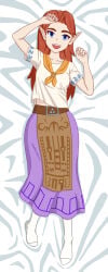1girl 1girls anime anime_girl anime_style apron arms_up bed belt big_eyes blanket blue_eyes breasts collarbone collarbones dakimakura dakimakura_(medium) dakimakura_design elbows eye_contact eyebrows eyebrows_visible_through_hair eyes fanart fantasy from_above from_front from_front_position hands hands-free happy happy_female leather_apron light-skinned_female light_skin long_hair long_skirt lying lying_on_back lying_on_bed malon medium_breasts mouth mouth_open neckerchief ocarina_of_time oracle_of_seasons orange_hair purple_skirt red_hair scarf sharp_teeth shirt shoulder_length_hair skinny skirt socks t-shirt teeth teeth_showing teeth_visible the_legend_of_zelda tongue white_shirt
