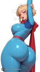 1girl ai_generated animification arms_up artist_name ass belt blonde_hair blue_eyes bodysuit breasts cape chris_kent dc dc_comics from_behind huge_ass jon-al kara_zor-el karen_starr large_breasts lips looking_at_viewer looking_back open_mouth patreon power_girl red_cape red_scarf scarf senpai_pixels sensitive shiny shiny_clothes short_hair simple_background skin_tight solo stretching supergirl superhero superman_(series) thighs white_background