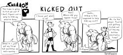 1boy anal_sex anthro anthro_on_anthro blush comic dialogue english_text from_behind furry gay horse large_penis looking_pleasured male male/male male_only partially_clothed sex size_difference smaller_male spedumon