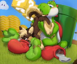 3_toes ?_block air_creature anal blonde_hair blue_eyes blush brown_body brown_fur butt butt_grab canid canine clothing cloud dutch_angle elemental_creature feet foot_fetish foot_focus footwear fur green_body green_yoshi hair hand_on_butt hand_on_foot hi_res humanoid_feet kaomoroart living_cloud male male/male mammal mario_bros nintendo oral paws pipe plantigrade red_clothing red_footwear red_shoes rimming sex shoe_sniffing shoes sniffing sniffing_clothes sock_fetish sock_sniffing socks species_request toes yoshi