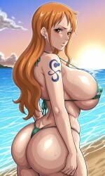 1girls ai_generated beach beach_background beach_towel big_ass big_breasts bikini bikini_bottom bikini_top brown_eyes curvy curvy_body curvy_female curvy_figure earrings huge_ass huge_breasts large_ass large_breasts light-skinned_female light_skin long_hair looking_at_viewer mature_female micro_bikini milf nami_(one_piece) one_piece orange_eyes orange_hair seductive seductive_look seductive_smile shiny shiny_skin solo solo_female sweat thong thong_bikini wet wet_body