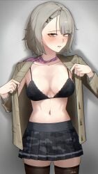 1girls blazer blush bra breasts clothing embarrassed feet_out_of_frame female female_only girls'_frontline girls'_frontline_2:_exilium grey_hair looking_at_viewer medium_breasts navel necktie no_shirt open_clothes open_jacket skirt thighhighs umano_sora undressing vector_(girls'_frontline) vector_(girls'_frontline_2) vector_(vivi_sometimes_hides_her_molotovs)_(girls'_frontline_2) yellow_eyes