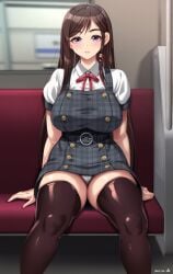 1girls big_breasts black_hair black_thighhighs blue_eyes breasts dead_or_alive female kokoro_(doa) large_breasts long_hair panties pantyshot pantyshot_(sitting) school_uniform schoolgirl sitting skeb_commission thighhighs train train_interior underwear white_panties white_underwear yoohi