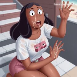 1girl ai_assisted ai_generated arm_up awaiting_cum beach belt black_eyes black_hair cum_in_hair cum_on_face cum_on_hands dark_skin dark_skinned_female fellatio_gesture full_body hand_up indoors jewelry kneeling naked open_mouth oral_invitation pink_shorts priyanka_maheswaran series shirt short_sleeves stairs standing steven_universe tongue_out view_from_above waving white_shirt