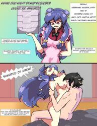 1boy 2koma ambiguous_penetration anime_one_night_stands apron bed black_hair blue_hair breast_smother breasts comic delivery dialogue dywtba-alt-universe english english_text faceless_male female happy happy_sex high_resolution holding_close instant_loss_2koma juto_arigato male original_character purple_hair ranma_1/2 red_eyes sex shampoo_(ranma_1/2) simple_background straight sweat text upright_straddle