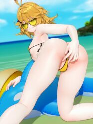1girls ahoge beach bent_over bikini blonde_hair cyan_eyes dokibird head_wings inflatable_toy loshi sunglasses too_small_bikini yellow_bikini