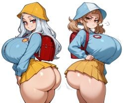 2girls aged_up ai_generated brown_eyes brown_hair eri_(my_hero_academia) freckles huge_ass huge_breasts long_hair looking_at_viewer mahoro_shimano my_hero_academia pigtails pixai red_eyes tagme urikoito white_background