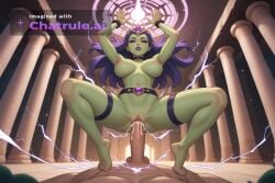1girl ai_assisted ai_generated barefoot belt bouncing_tits castle choker cowgirl_position creampie depth_of_field electricity fighting_stance flying from_below green_skin half_closed_eyes hands_above_head large_breasts looking_at_viewer magic nude purple_eyes purple_lips ruins sex shovel_knight sidelocks solo thigh_straps tiara volumetric_lighting voluptuous