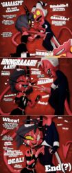 1boy 1girls 2021 3d 5_fingers black_hair bottle comic cum cumshot demon duo english_text eyelashes facial female fingerless_gloves fingers freckles helluva_boss horn imp lipstick makeup male millie_(helluva_boss) moorsheadfalling moxxie_(helluva_boss) one_eye_closed penis red_body red_skin sharp_teeth smile straight teeth vivienne_medrano white_hair