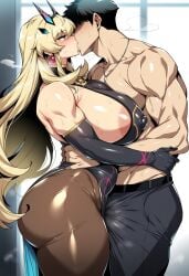 1boy 1girl ai_generated areola_slip ass bare_shoulders barghest_(fate) biceps black_dress black_gloves black_hair black_pants blonde_hair blush breasts brown_pantyhose bulge clothing covered_nipples curvy dress earrings elbow_gloves erection erection_under_clothes faceless faceless_male fairy_knight_gawain_(fate) fate/grand_order fate_(series) female french_kiss from_side gloves green_eyes height_difference hetero heterochromia horns hug huge_ass huge_breasts jewelry kiss large_breasts long_hair looking_at_another male manly muscle muscular muscular_female muscular_male necklace novart01 pants pantyhose pelvic_curtain red_eyes saliva short_hair sideboob standing sweat tall tall_female thick_thighs thighs topless_male