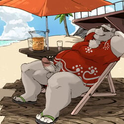 1:1 2021 anthro balls beach clothing detailed_background donguri erection eyewear footwear fur genitals hi_res kemono male mammal outside overweight overweight_anthro overweight_male penis polar_bear sandals seaside shirt sitting solo sunglasses topwear ursid ursine white_body white_fur