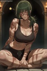 1girl abs ai_generated barefoot breasts cleavage green_hair hi_res high_quality high_resolution jujutsu_kaisen large_breasts long_hair looking_at_viewer muscle muscular_female navel one_eye_closed patreon seductive sexy shorts sidelocks sitting solo uncensored watermark zenin_maki