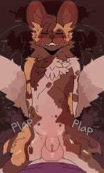 2026 3:5 4_toes african_wild_dog animal_genitalia anthro balls bite biting_lip blush bodily_fluids brown_background brown_body brown_fur brown_hair brown_nose canid canine cheek_tuft chest_tuft circle_eyebrows clothing digital_media_(artwork) duo english_text eyebrows facial_tuft feet first_person_view fluffy fluffy_tail fur genital_fluids genitals hair hands_on_legs hands_on_thighs hi_res inner_ear_fluff leaking_precum male male/male mammal mertvykhcrows narrowed_eyes navel neck_tuft nude nude_anthro nude_male on_lap penis pixel_(artwork) plap precum sex sheath shirt simple_background steam sweat tail tail_motion tailwag tan_body tan_fur text toes topwear tuft