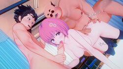 1girls 2boys 3d absurdres age_difference alien alien_girl ass big_penis black_hair devilukean fat_man female highres koikatsu light-skinned_female male momo_velia_deviluke multiple_boys pale-skinned_male penis pink_hair saruyama_kenichi sex short_hair socks socks_only spiked_hair to_love-ru