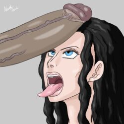 cock_hungry cock_worship dark-skinned_male female male nico_robin one_piece penis_on_face tongue tongue_out veiny_penis visualdrool