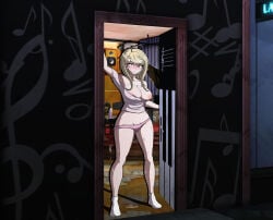 1girls ahoge akamatsu_kaede blonde_hair blush breasts_spilling_out caught danganronpa danganronpa_v3 dildo embarrassed half_naked light-skinned_female looking_at_viewer midnightdindins musical_note nervous nipple_slip panties partially_clothed partially_nude purple_eyes solo sweat underwear wardrobe_malfunction