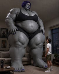 1boy ai_generated barefoot fat_female grey_skinned_female larger_female muscular_female purple_eyes purple_hair raven_(dc) taller_female