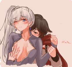 2girls blue_eyes red_hair rwby silver_eyes tuemei white_hair yuri