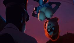 1girl1boy ai ai_assisted ai_generated black_male disney drooping_breasts dusk elastic elastic_body elastigirl flashing flashing_breasts funny gif helen_parr large_breasts night_sky nipples pixar superheroine the_incredibles_2 train train_conductor train_interior upside-down