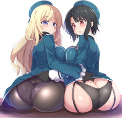 2girls ass ass_cleavage assisted_exposure atago_(kantai_collection) big_breasts black_hair black_panties blonde_hair blue_eyes blue_skirt blush breast_press breasts butt_crack female female_only garter_straps grey_panties kantai_collection kurokoshou_(emuburemu123) large_breasts looking_back panties panties_under_pantyhose pantyhose pencil_skirt red_eyes sitting skirt skirt_lift skirt_suit sweat tagme takao_(kantai_collection) uniform