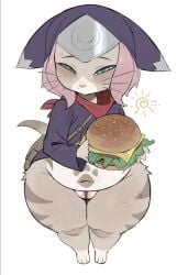anthro biped blue_eyes blush bodily_fluids bottomless burger capcom clothed clothed_anthro clothed_female clothing felid felyne female female_anthro food genitals hair hi_res holding_burger holding_food holding_object jingzhou14848 looking_at_viewer lynian mammal monster_hunter monster_hunter_stories_2:_wings_of_ruin navel palico pink_hair pink_nose pubic_stubble purple_clothing shortstack shortstack_female solo standing sweat sweatdrop tail thick_thighs tsukino_(monster_hunter_stories) vulva whiskers