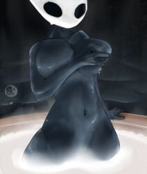 2026 5_fingers absurd_res arthropod artist_logo artist_name big_breasts biped black_body black_eyes breasts covering covering_breasts empty_eyes english_text female fingers genitals hi_res hollow_knight_(franchise) hornet_(hollow_knight) logo low-oil nude partially_submerged solo standing team_cherry text vulva water