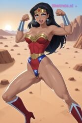 1girl ai_assisted ai_generated aroused_face bare_shoulders black_hair blue_eyes cleavage contrapposto cowboy_shot dark_skinned_female dc_animated_universe desert diana_prince dynamic_pose erect_nipples floating_hair floating_in_air heavy_breathing jewelry knee_boots large_areola legs_apart leotard lewd_expression lipstick long_hair long_nipples looking_at_viewer navel nude oiled_body open_mouth outdoors paw_pose posing puffy_areola pussy_juice_leaking saliva_dripping skindentation sky smile star_earrings star_print sun sweating tiara tongue_out wonder_woman